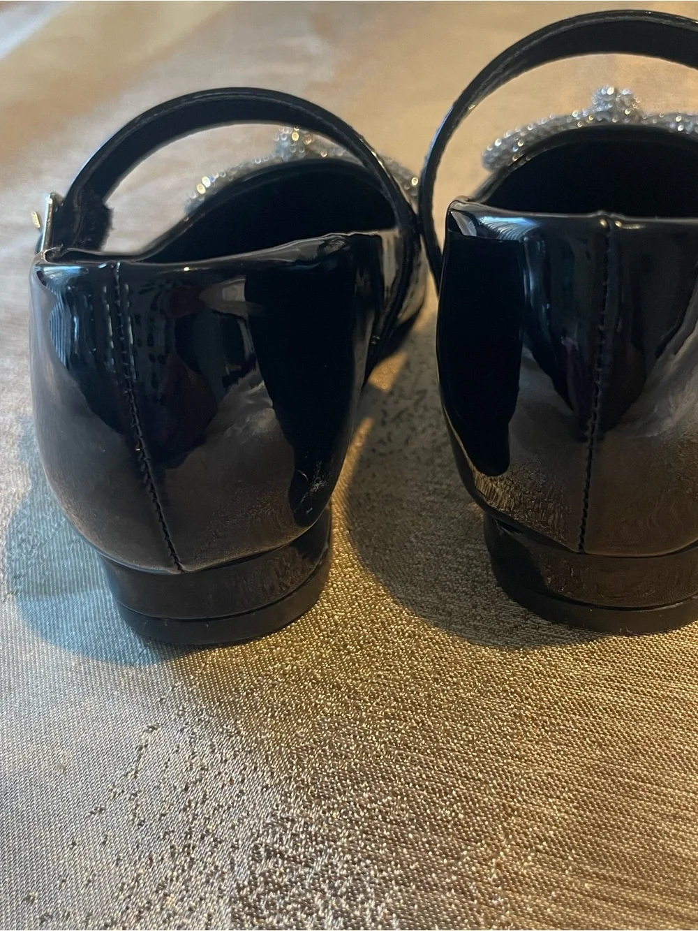 Black Patent Kids Mary Jane Shoes with Rhinestone Bow